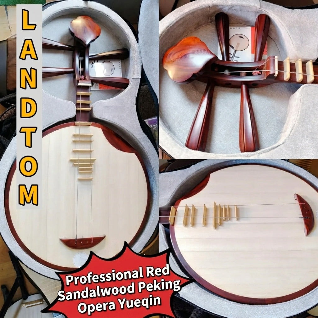 LANDTOM Handcrafted Professional Red Sandalwood Peking Opera Yueqin with Paulownia Soundboard, Cutaway Body, Traditional Chinese Moon Guitar for Performance