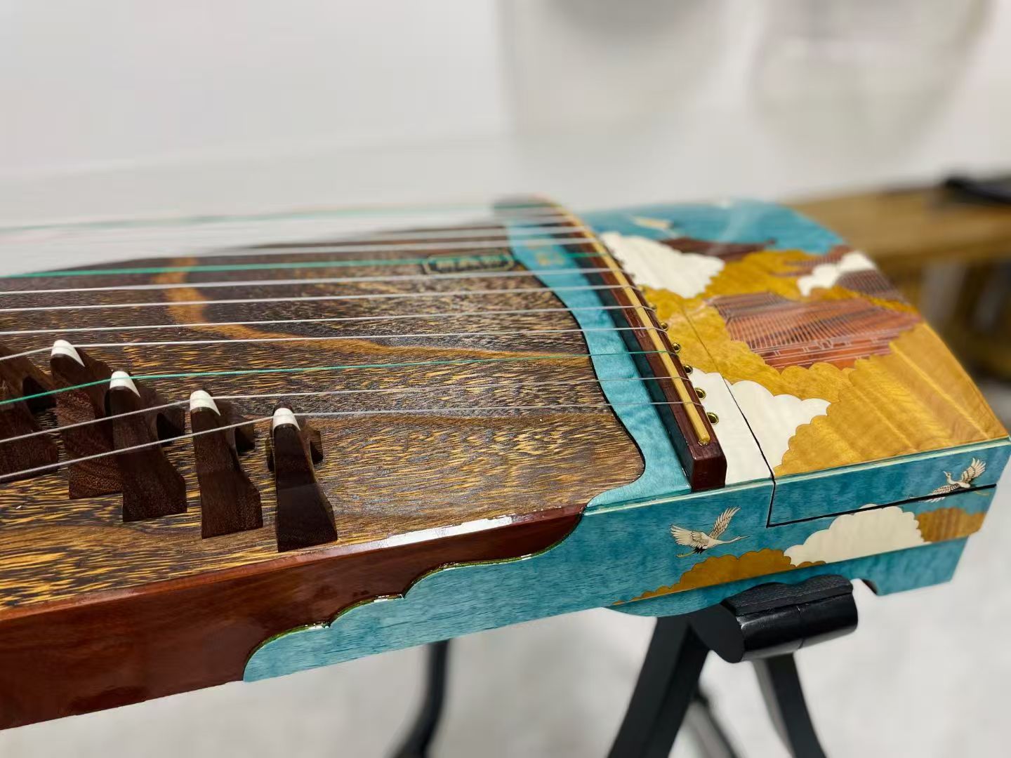 LANDTOM Auspicious Crane 163cm/64.2in Professional Guzheng with Paulownia Soundboard, Black Persimmon Wood Veneer Inlay Carving, Rosewood Bridges & Performance Grade