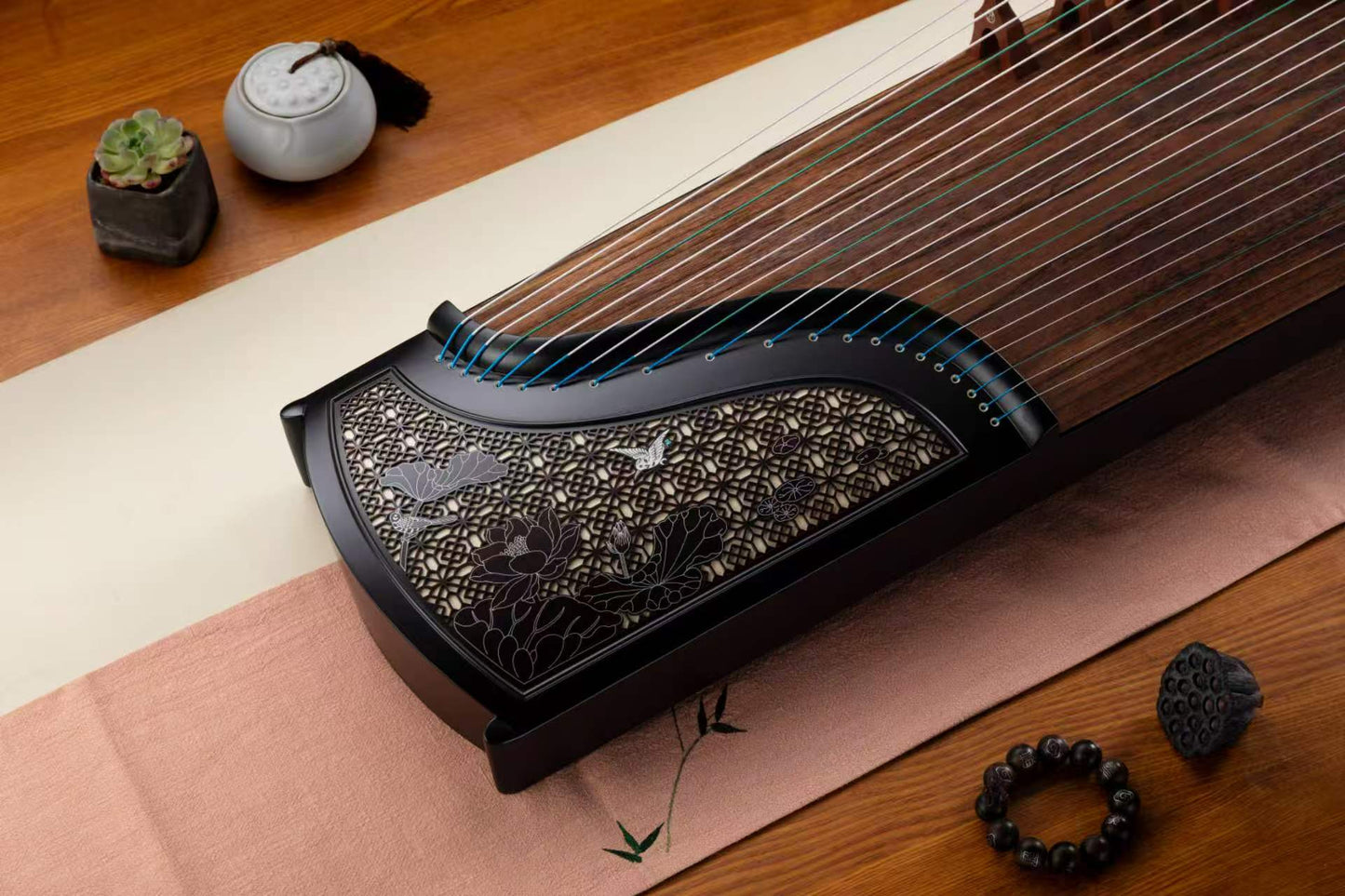 LANDTOM Lotus Window 163cm/64.2in Professional Guzheng with Paulownia Soundboard, Black Sandalwood Trim, Hollow Lotus Window Carving & Steel-Core Nylon Strings
