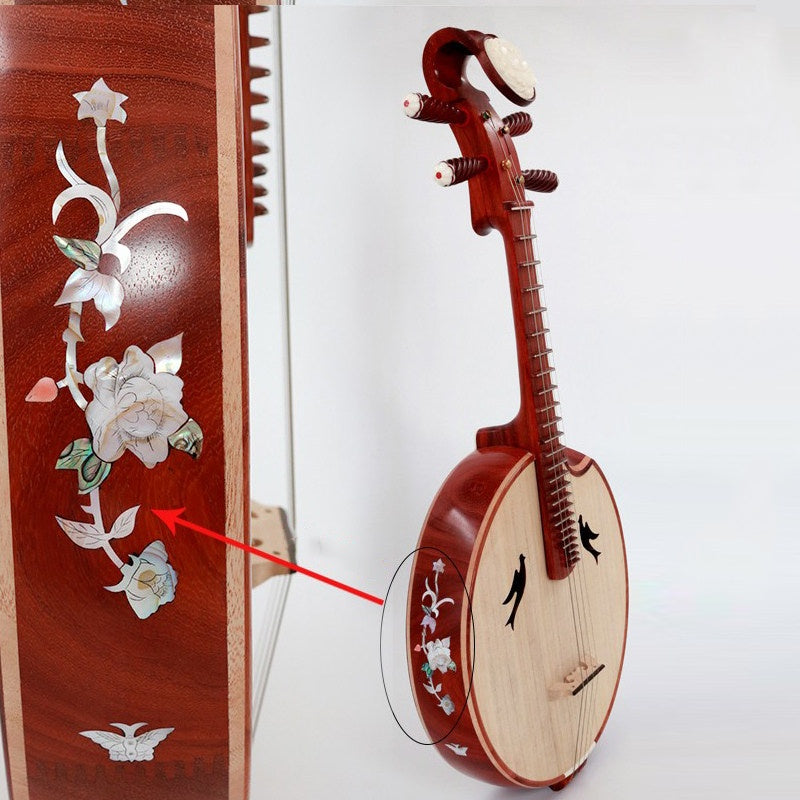 LANDTOM Rosewood Zhongruan Intermediate Performance & Examination Grade with Paulownia Soundboard, Cutaway Body, Mother-of-Pearl Peony Inlay, Peony Headstock & Bird-Shaped Sound Holes