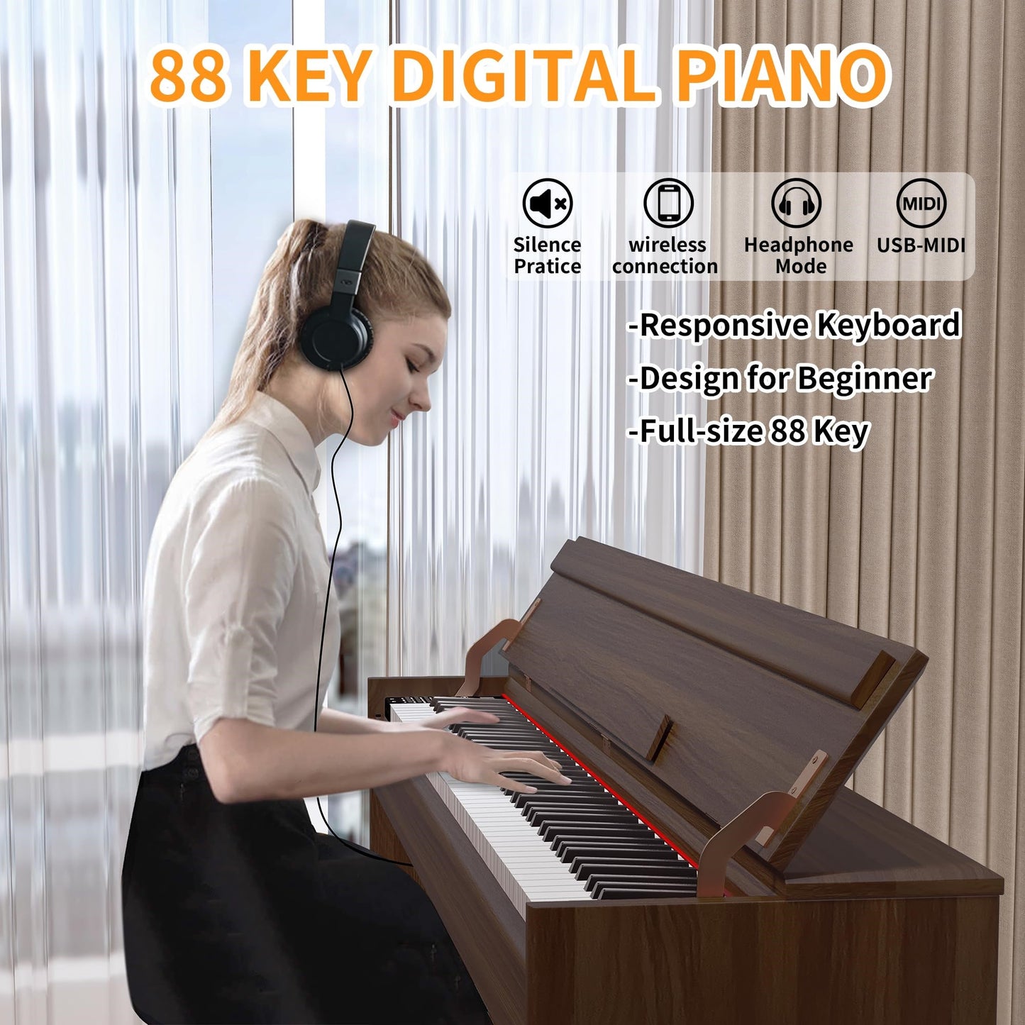 LANDTOM Digital Piano 88 Key Full Size Keyboard for Beginners, White | Home Upright Electric Pianos, Sensitive Touch, Wooden Electronic Piano with Triple Pedals, Supports USB-MIDI Connect