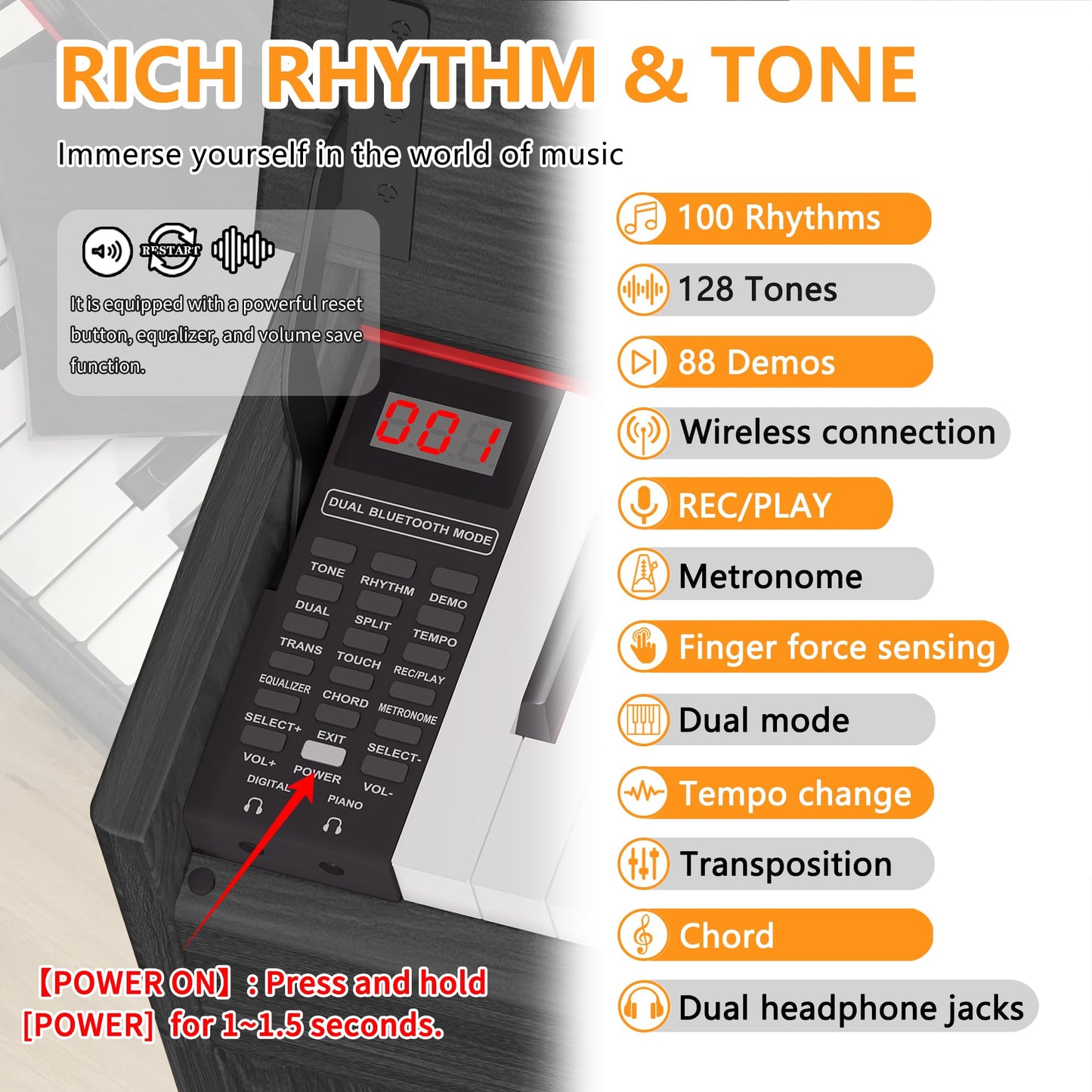 LANDTOM Digital Piano 88 Key Full Size Keyboard for Beginners, White | Home Upright Electric Pianos, Sensitive Touch, Wooden Electronic Piano with Triple Pedals, Supports USB-MIDI Connect