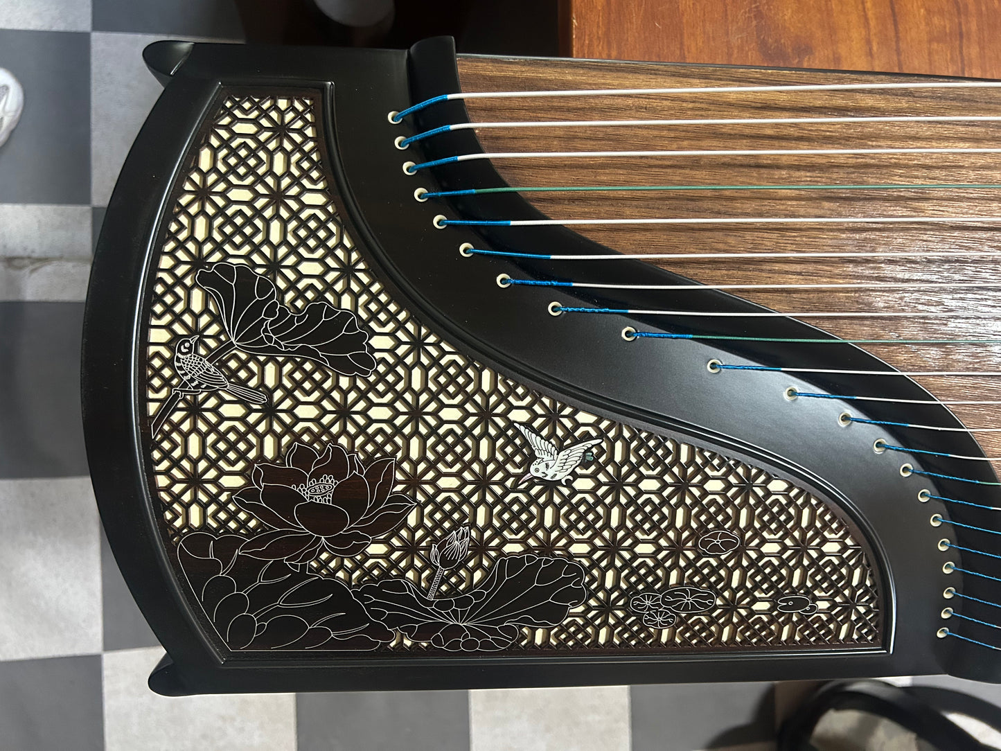 LANDTOM Lotus Window 163cm/64.2in Professional Guzheng with Paulownia Soundboard, Black Sandalwood Trim, Hollow Lotus Window Carving & Steel-Core Nylon Strings