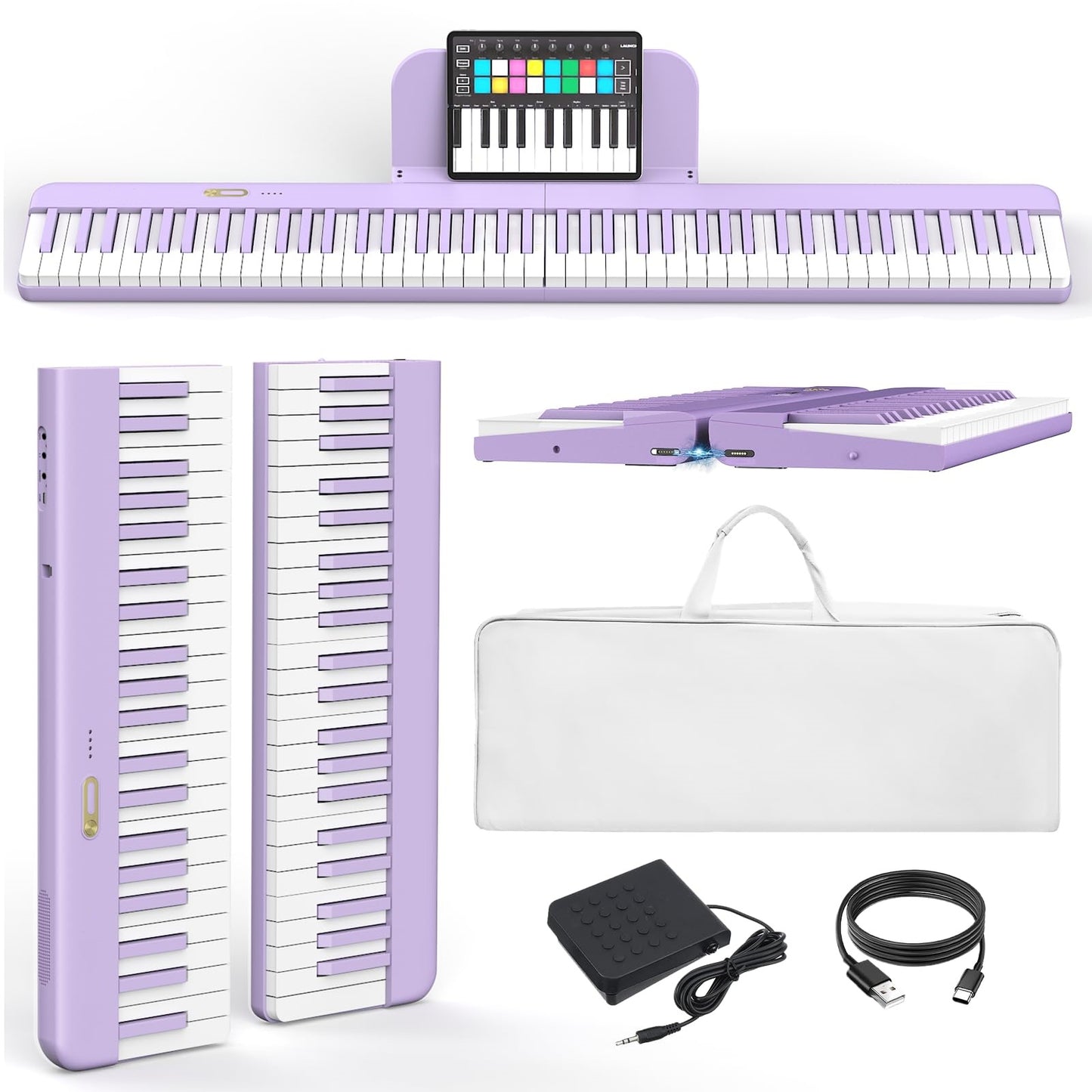 LANDTOM Piano Keyboard 88 Keys with Magnetic Connection | for Beginners, Birthday Gifts | Portable Foldable Electric Piano Keyboard, Lightweight Purple Keys, Sustain Pedal, Piano Bag