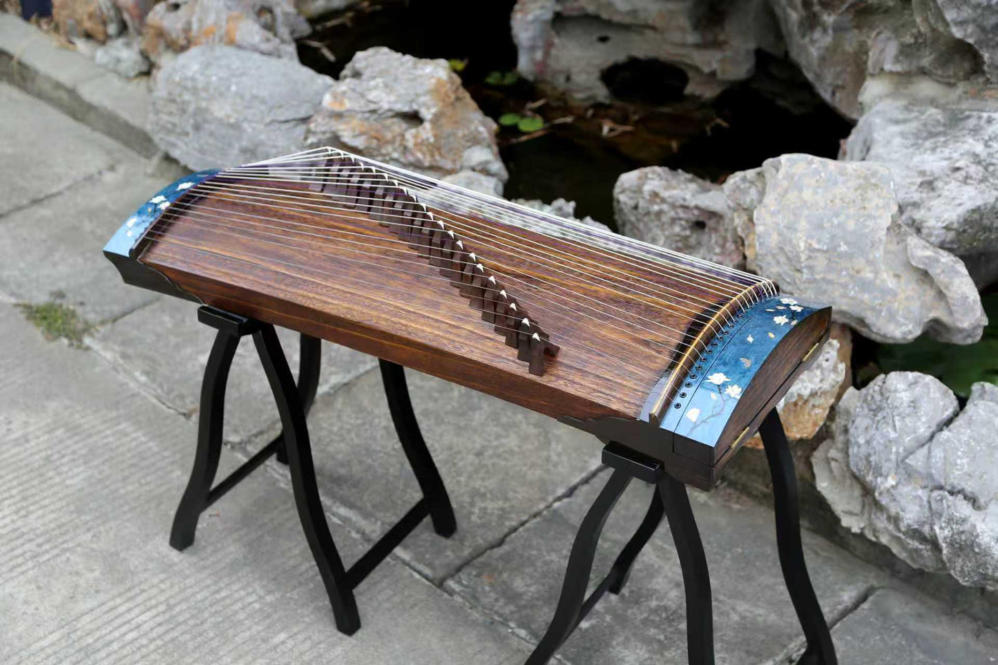 LANDTOM 100cm/39.4in Handcrafted Portable Small Guzheng Professional Performance & Examination Grade with Thick Hollow-Carved Paulownia Soundboard, Ebony Trim, Mini Guzheng Tidal Whisper