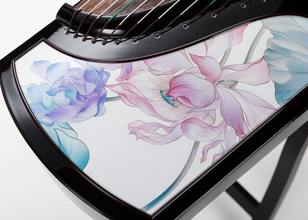 LANDTOM Lotus Harmony Beginner 163cm/64.2in Guzheng with Ebony Wood Body, Lankao Paulownia Soundboard, Gold Accented Lacquer Painting, 21-String Chinese Zither