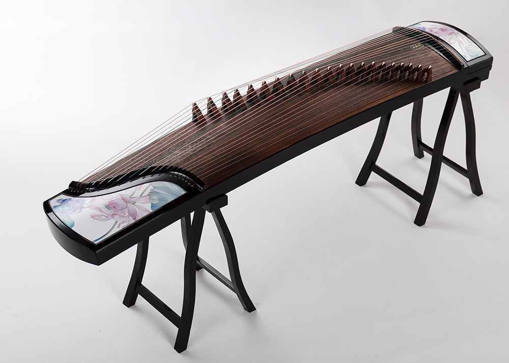 LANDTOM Lotus Harmony Beginner 163cm/64.2in Guzheng with Ebony Wood Body, Lankao Paulownia Soundboard, Gold Accented Lacquer Painting, 21-String Chinese Zither