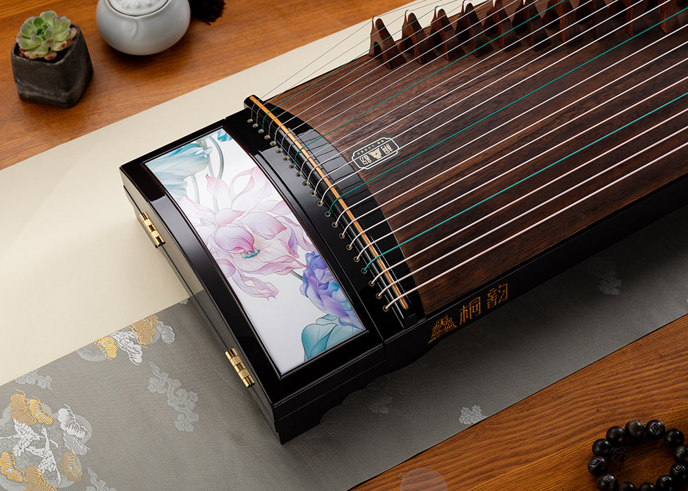 LANDTOM Lotus Harmony Beginner 163cm/64.2in Guzheng with Ebony Wood Body, Lankao Paulownia Soundboard, Gold Accented Lacquer Painting, 21-String Chinese Zither