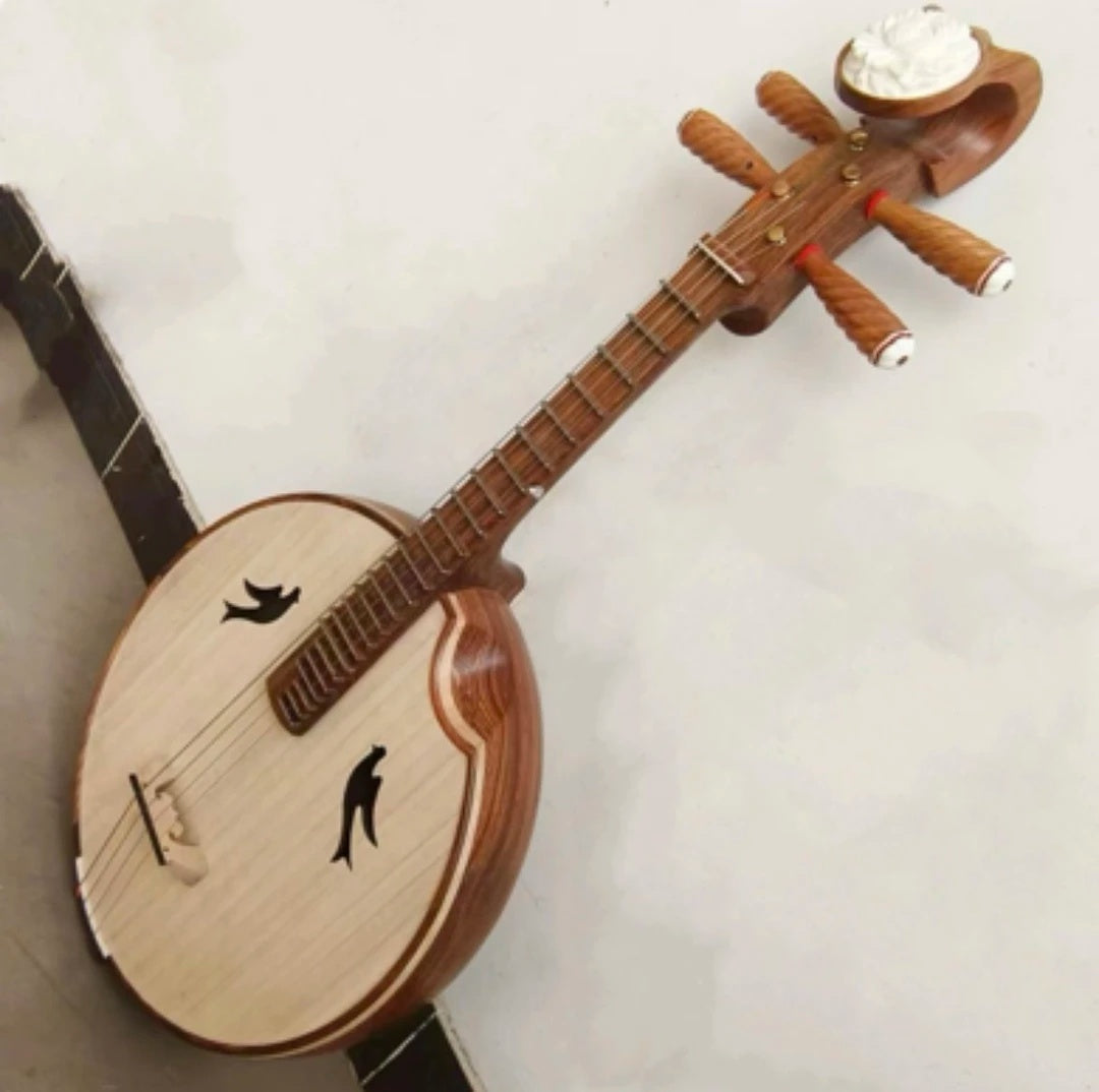 LANDTOM African Padauk Zhongruan Professional Performance Grade with Paulownia Soundboard, Cutaway Body, Peony Headstock & Bird-Shaped Sound Holes