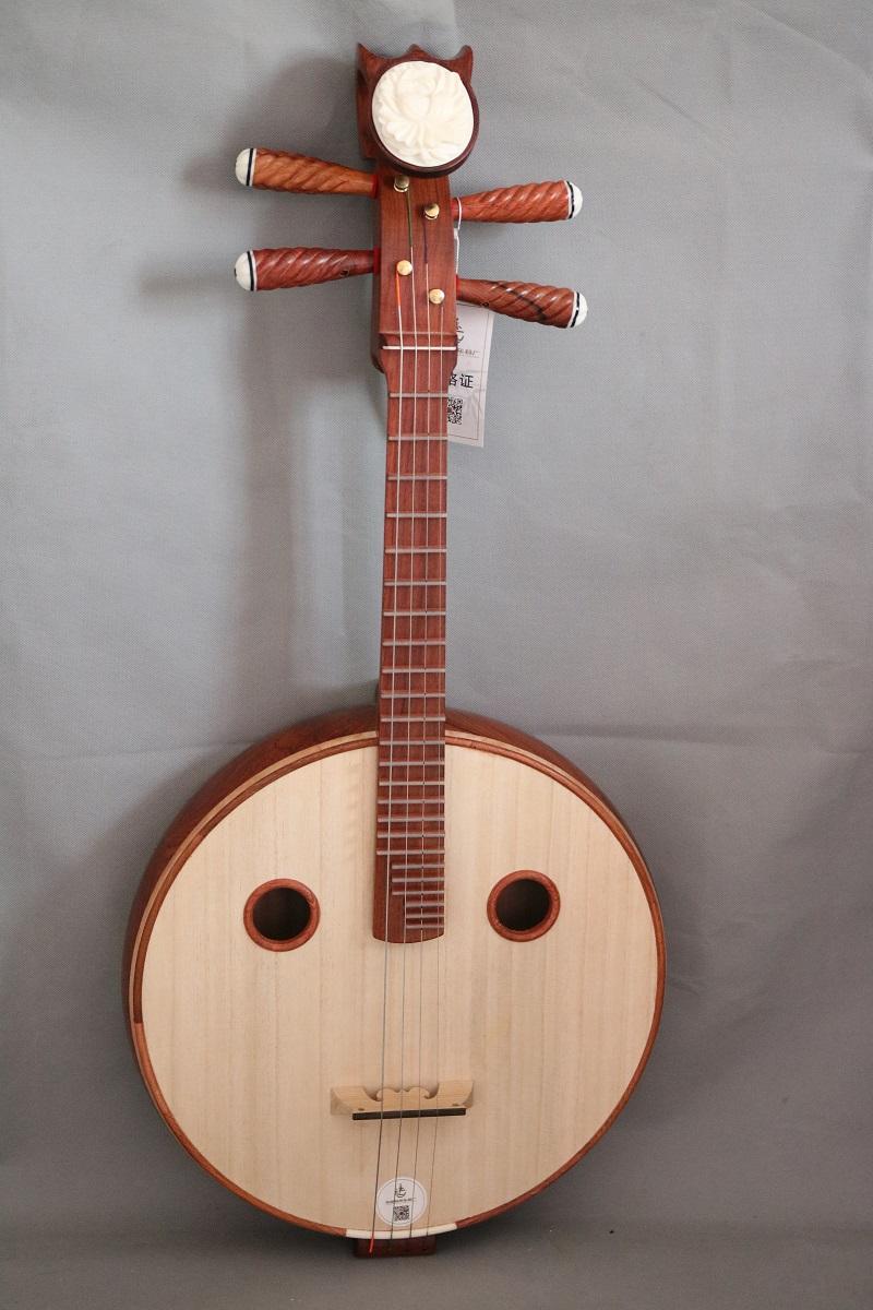 LANDTOM Master-Recommended Aged Burmese Rosewood (Dalbergia oliveri) Zhongruan Professional Performance Grade with Grade-A Paulownia Soundboard, Rounded Body, Peony Headstock & Round Sound Holes