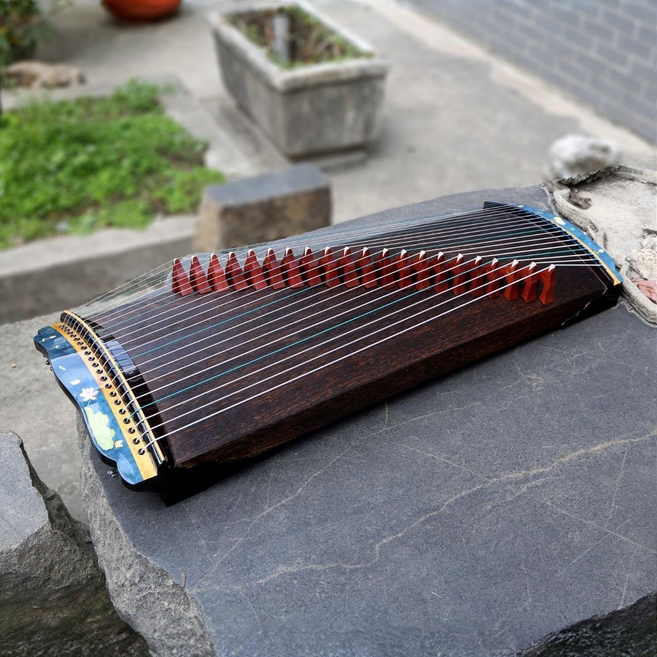 LANDTOM Azure Essence 88cm/34.6in Ebony Portable Professional Small Guzheng, Thick Hollow-Carved Sound Channel, Wood-in-Wood Inlay, Piano Gloss Finish Mini Guzheng