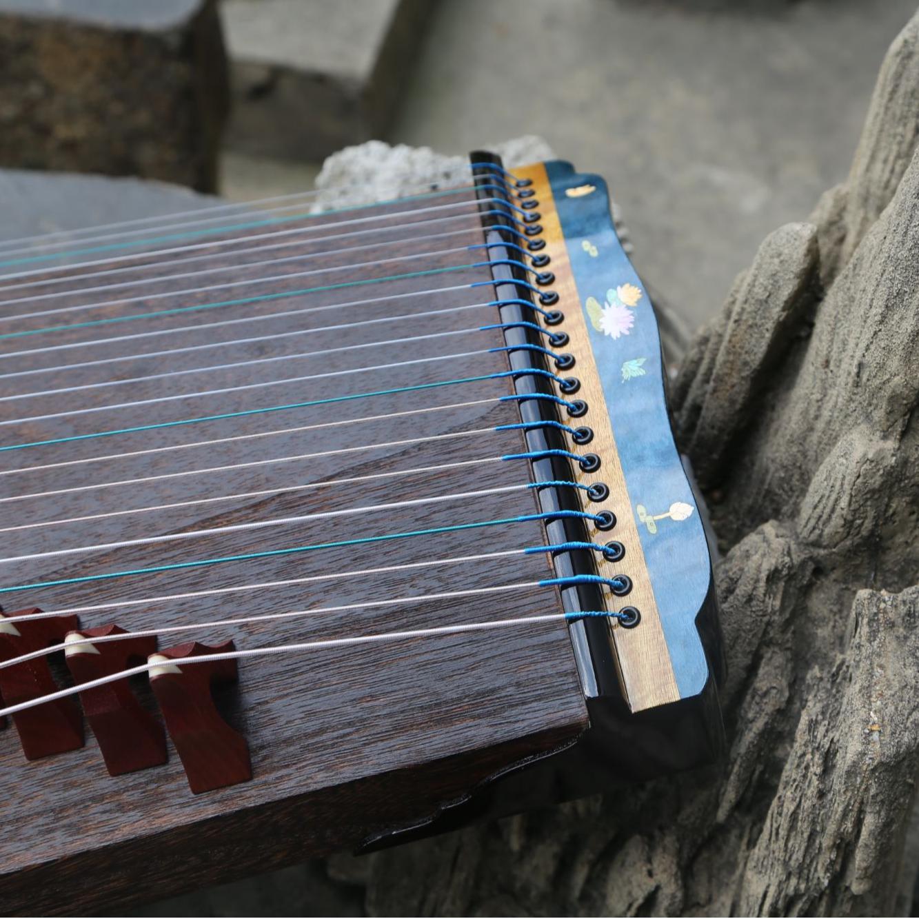 LANDTOM Azure Essence 88cm/34.6in Ebony Portable Professional Small Guzheng, Thick Hollow-Carved Sound Channel, Wood-in-Wood Inlay, Piano Gloss Finish Mini Guzheng