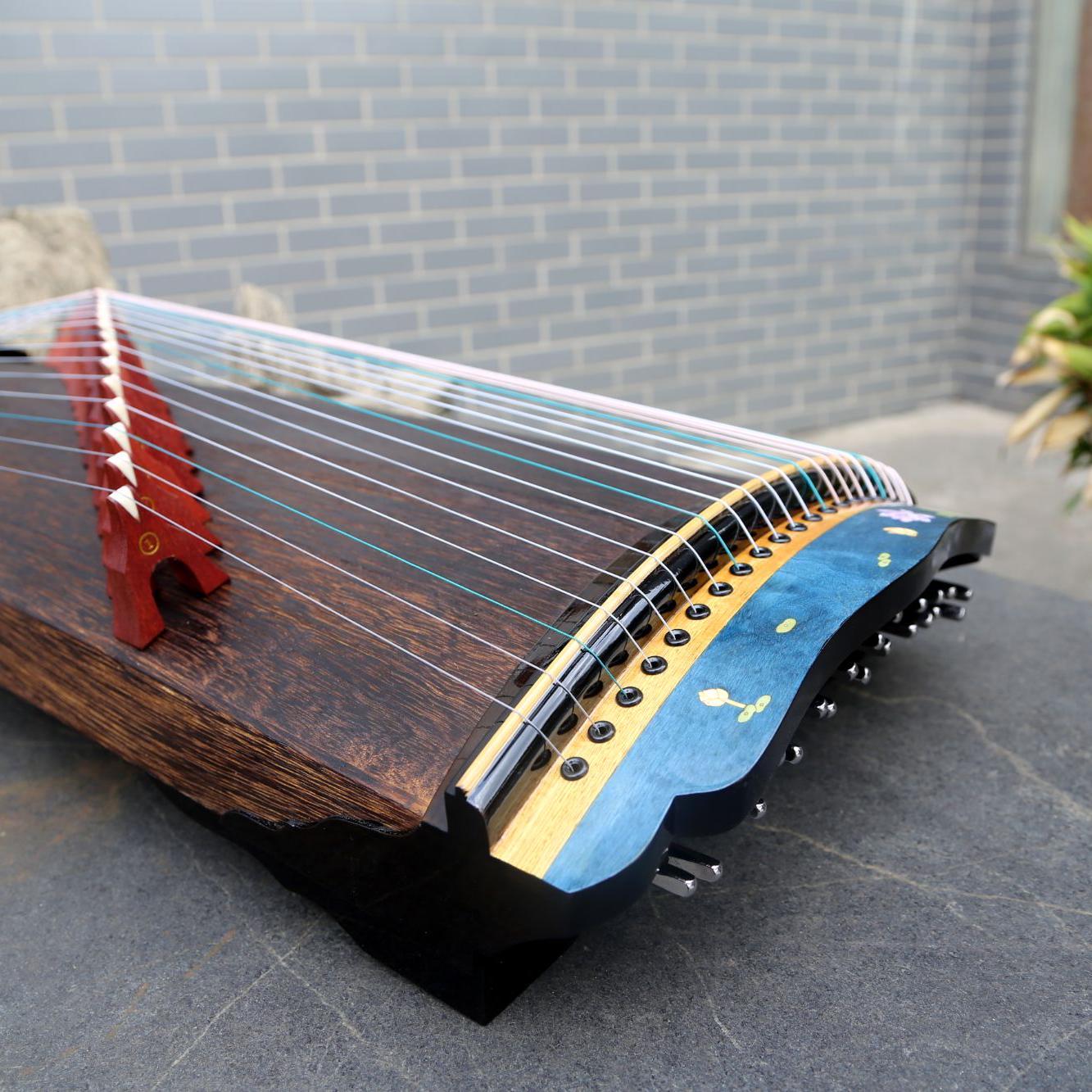 LANDTOM Azure Essence 88cm/34.6in Ebony Portable Professional Small Guzheng, Thick Hollow-Carved Sound Channel, Wood-in-Wood Inlay, Piano Gloss Finish Mini Guzheng
