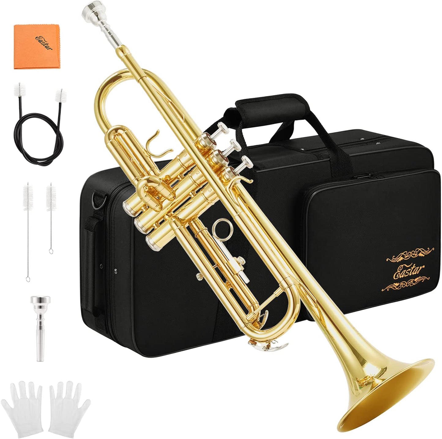 landtom Standard Trumpet Set for Beginner, Brass Student Trumpet Instrument with Hard Case, Cleaning Kit, 7C Mouthpiece and Gloves, ETR-380, Golden